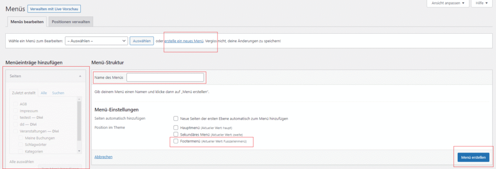 Menü für Website Footer erstellen