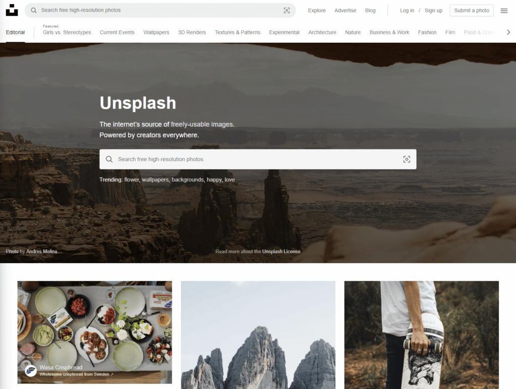 Kostenlose Bilder für Website von Unsplash Website