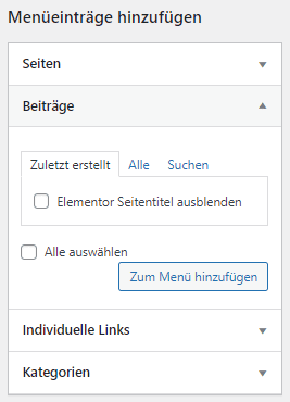WordPress Menü Seiten hinzufügen