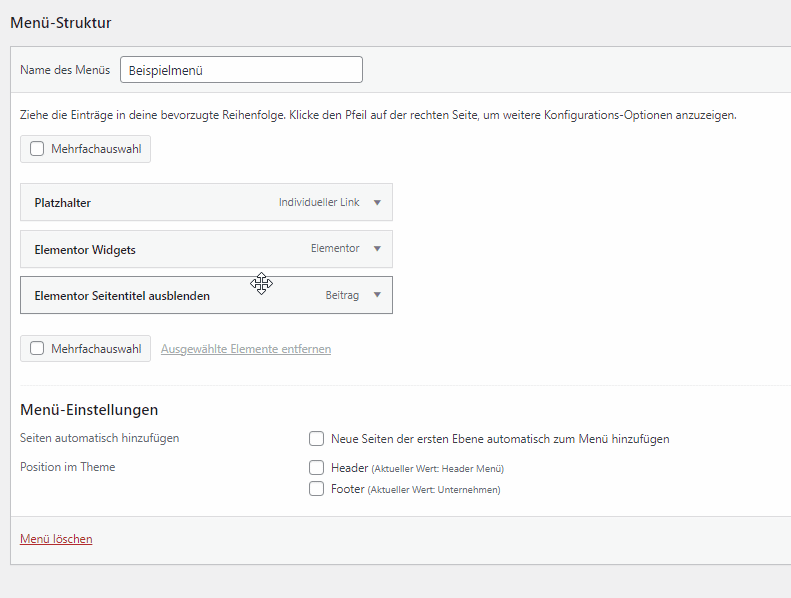 WordPress Beispielmenü