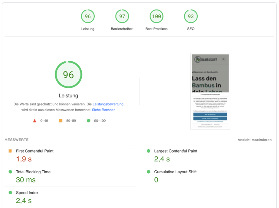 Google PageSpeedInsights Ergebnis einer WordPress Website die bei WPspace betrieben wird.