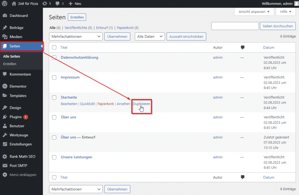 WordPress Dashboard Seite duplizieren