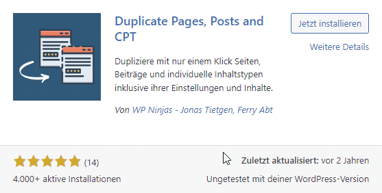 Installation von Plugin Duplicate Pages, Posts and CPT