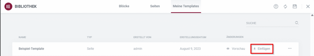 Elemetor Template einfügen auf Zielseite