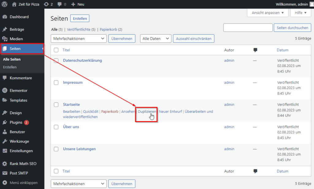 Screenshot der Funktion WordPress Seite duplizieren im WP Dashboard mit Yoast Duplicate Post