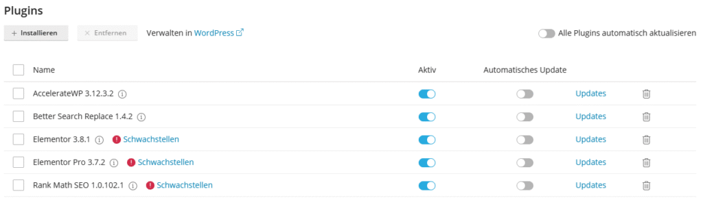 Plugins Hostingoberfläche