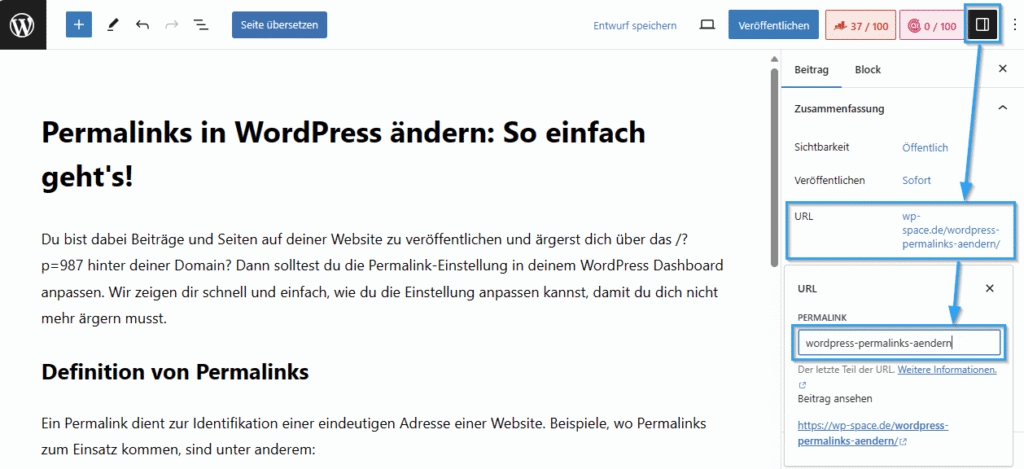 Gutenberg Permalink ändern