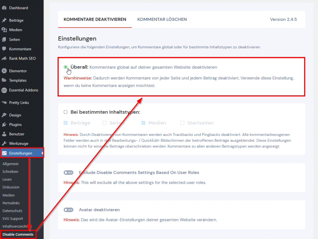 WordPress Kommentare global deaktivieren Plugin