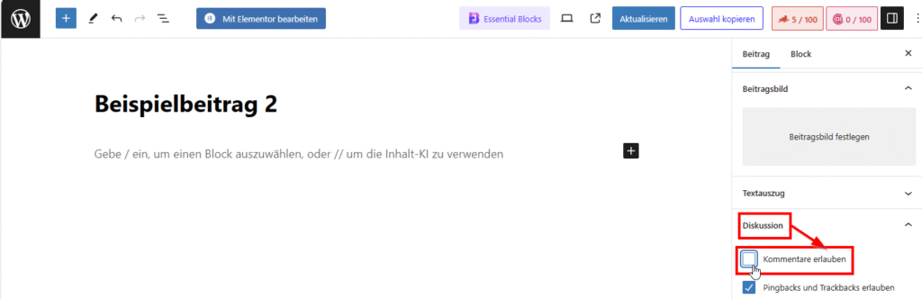 Kommentare deaktivieren Haken