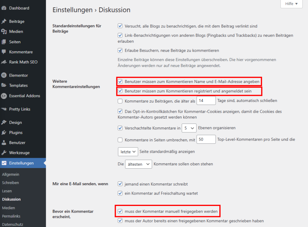 Anti Spam Einstellungen