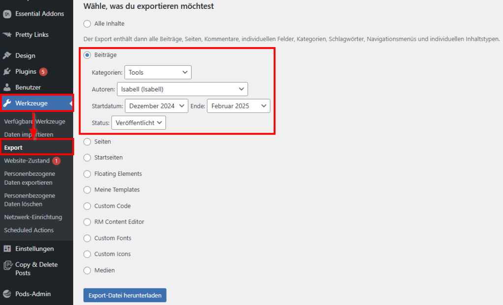 Export Tool WordPress