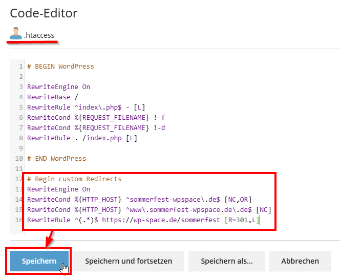 Codezeilen für Weiterleitung in .htaccess